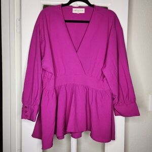 Wishing Waves Women's Plus Pink Cinch Waist Long Sleeve V Neck Blouse 2X